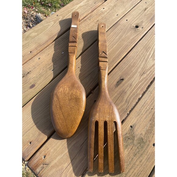 Vintage Wooden Salad Fork & Spoon Set MCM - Picture 2 of 3